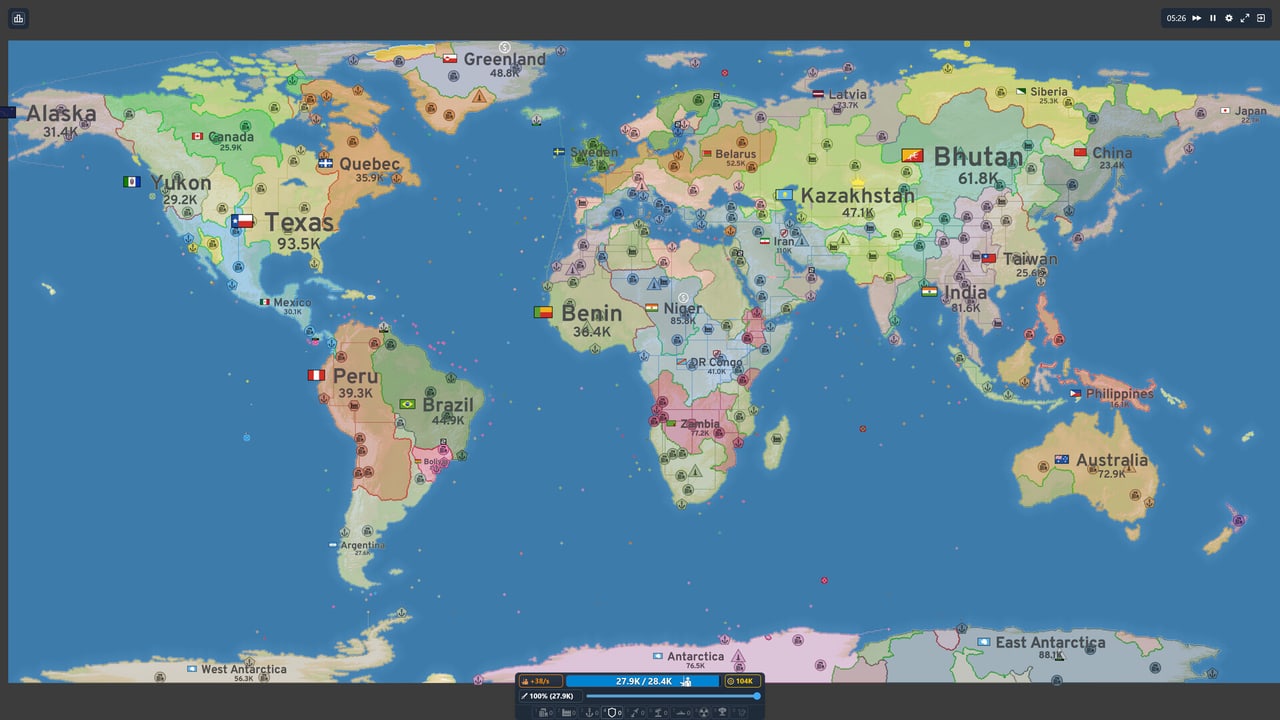 OpenFront world map with named nations, flags, trade markers, and the troop slider HUD